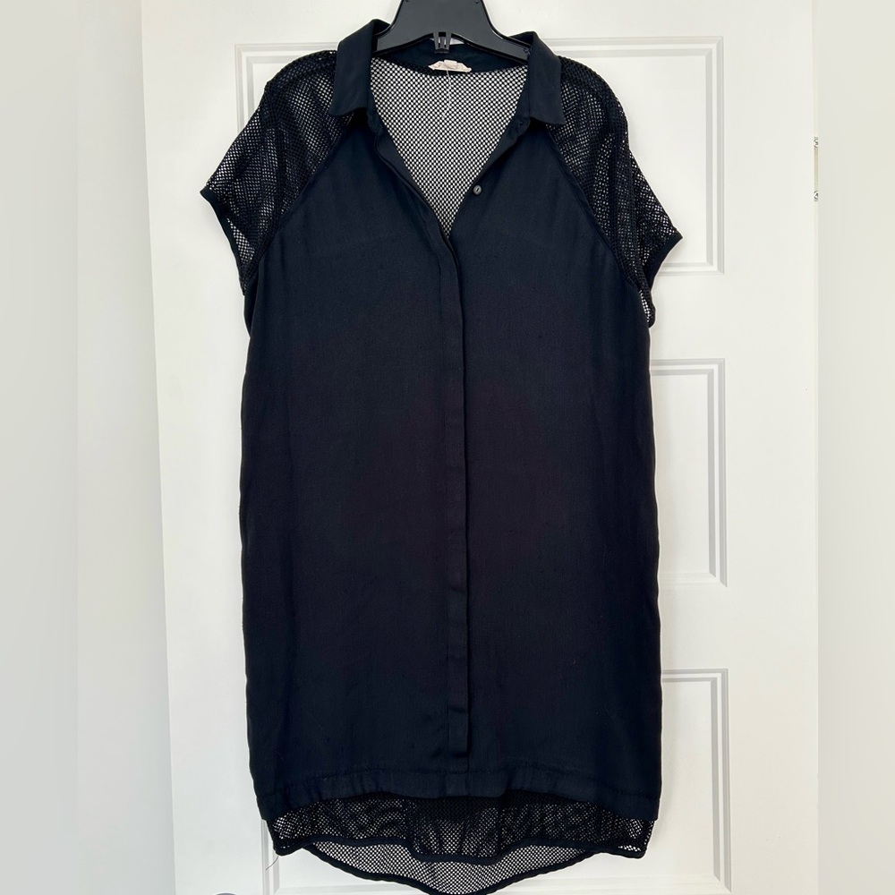 Black Mesh-Trim Shirt Dress - Unbranded